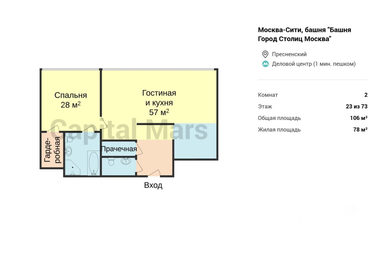 Апартаменты 106 м² — Город Столиц, Москва, 23 этаж